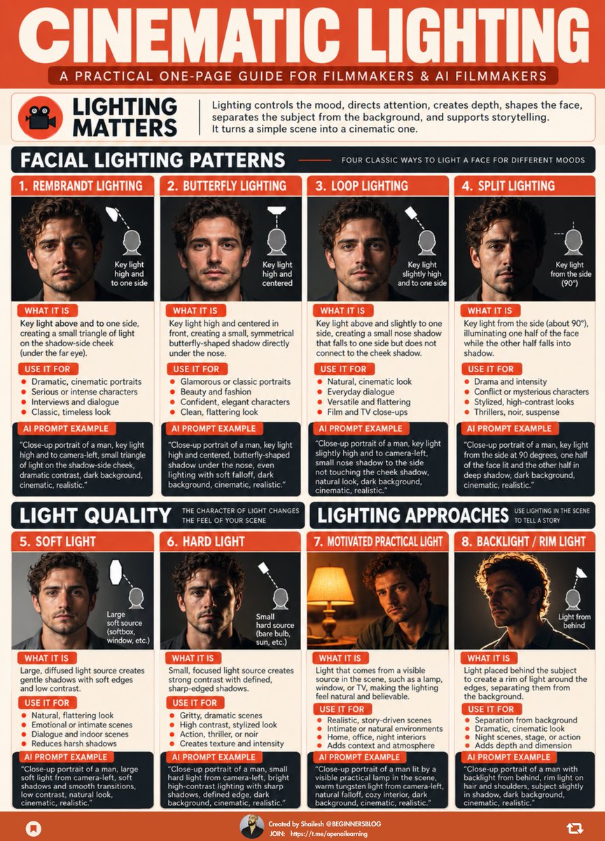 beginnersblog1's tweet photo. 8 Cinematic Lighting Setups Every AI Filmmaker Should Know

1. “Cinematic lighting” is not a lighting setup
Real cinematographers think in controllable choices:
→ Where is the source?
→ Which direction does it hit the face?
→ Is it soft or hard?
→ How dark is the shadow side?
→ What motivates the light?
→ How does the subject separate from the background?

That is the information an AI model can actually visualize.
2. Lighting patterns describe the face
Rembrandt, Butterfly, Loop and Split are not interchangeable “cinematic looks.”
→ Rembrandt: one side lit, far cheek darker, small triangle of light beneath the far eye.
→ Butterfly: key high and near camera axis, creating the small symmetrical shadow directly beneath the nose.
→ Loop: nose shadow falls slightly downward and sideways without joining the cheek shadow.
→ Split: roughly half the face illuminated, half predominantly shadowed.
The pattern comes from the relationship between the light, face and camera.

3. Soft vs hard light is about shadow quality
Soft light:
→ gradual transitions
→ softer shadow edges
→ gentler facial contrast
Hard light:
→ sharp shadow edges
→ stronger texture
→ more graphic separation
Neither one is automatically “more cinematic.”
Choose based on what the scene needs.

4. Motivated light usually feels more believable
If a lamp is visible frame-right, the actor should not look strongly lit from frame-left for no reason.
Use believable sources:
→ window
→ desk lamp
→ television
→ fire
→ streetlight
→ neon sign
→ headlights
Then let that source determine the direction, color and shadow behavior.

5. Lighting changes how we read the character
The same actor can feel completely different depending on the light.
→ open shadows can make more information visible
→ selective darkness can create mystery
→ side light can emphasize conflict or structure
→ backlight can isolate or elevate a subject
→ practical light can make a scene feel grounded
→ silhouette can deliberately hide identity
Lighting is storytelling before it is decoration.

6. Prompt the visible result
Weak:
“Cinematic portrait, dramatic lighting.”
Better:
“Medium close-up of a man seated in a dark office. Large soft key from camera-left, slightly above eye level, gradual shadow falloff across the opposite cheek, minimal frontal fill, natural catchlight in the eyes, realistic skin texture, warm desk lamp in the background, background darker than the subject.”
That prompt gives the model something concrete to build.

A simple framework:
SOURCE → DIRECTION → HEIGHT → QUALITY → SHADOW → FILL → BACKGROUND

And one more rule:
Do not write the lighting as an isolated keyword list.
Put it inside the full scene prompt.
Shot + subject + action + environment + lighting + camera behavior
.
.
PS:) Follow for more!
.
.