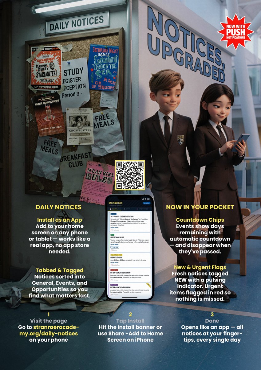 StranraerAcad's tweet photo. 📱 Daily Notices is now an app!

Install it on your phone in seconds — visit https://t.co/sdZTK5iX6H, tap the Install banner (or Share → Add to Home Screen), and you'll get push notifications for new &amp; urgent notices straight to your pocket. No app store needed! 🔔 https://t.co/wDo1TIxKLC