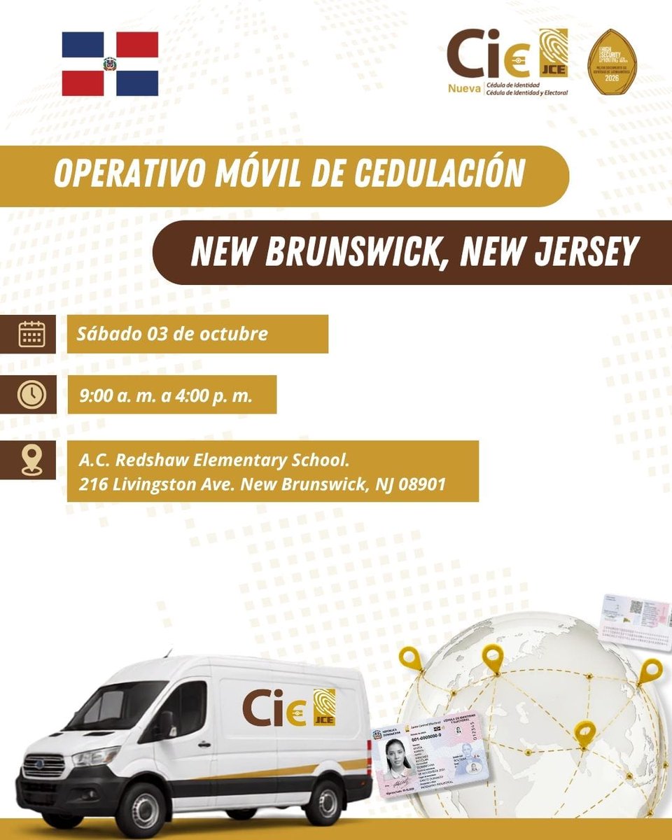 juntacentral's tweet photo. Este sábado 3 de octubre, la JCE realizará un operativo móvil de cedulación para facilitar a la comunidad dominicana el proceso de obtención de la #NuevacedulaRD.

📅 Sábado 3 de octubre
🕘 9:00 a. m. a 4:00 p. m.
📍 A.C. Redshaw Elementary School
216 Livingston Ave., New Brunswick, NJ 08901

Aprovecha esta jornada para realizar tu proceso de cedulación. 

¡Tu cédula eres tú, porque tu identidad es única!