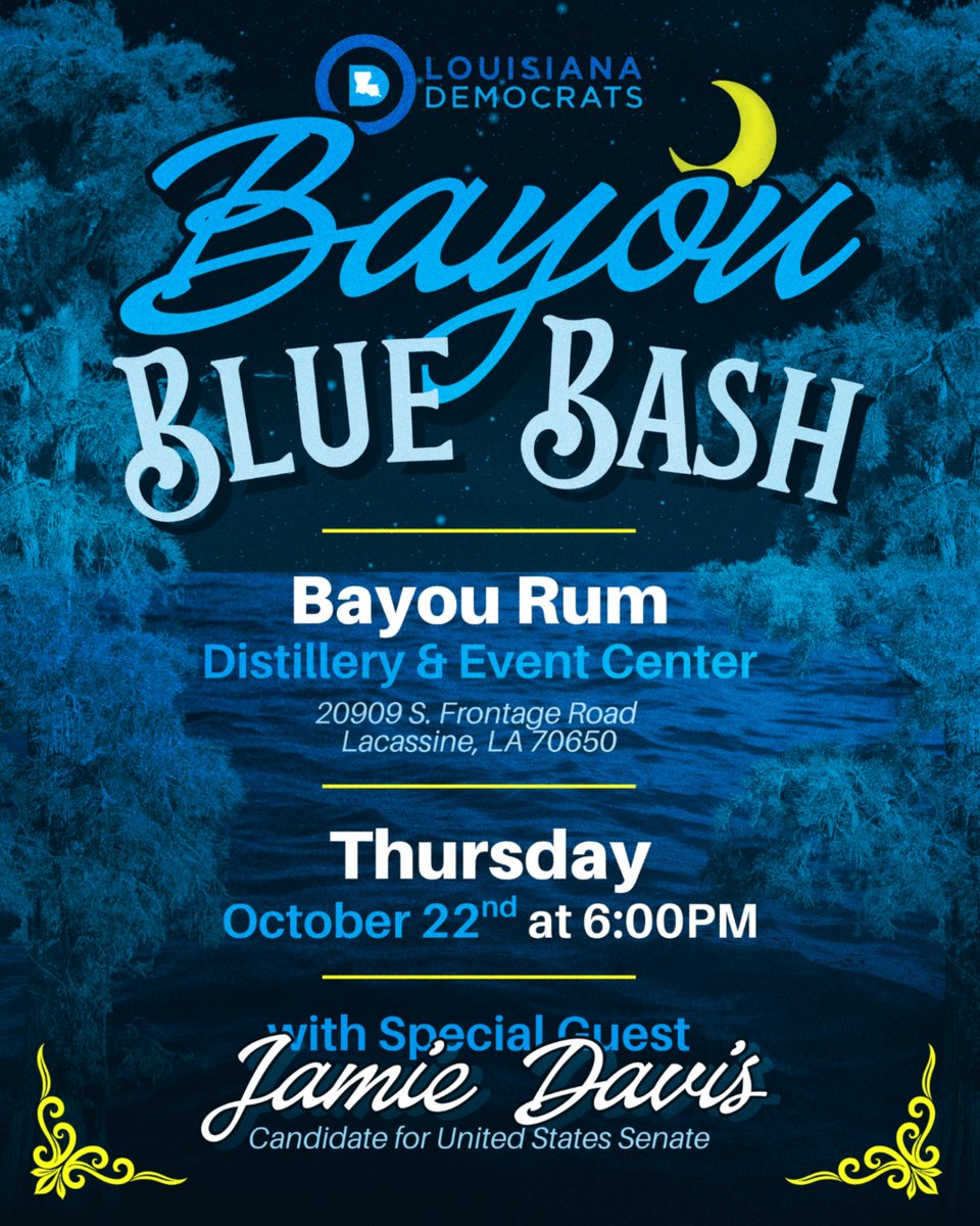 LaDemos's tweet photo. You're invited!🎉
The Louisiana Democratic Party is throwing the Bayou Blue Bash with special guest Jamie Davis and a LIVE performance by Sean Ardoin!

Tickets are available at https://t.co/A9E79zH2fl

#LaDemos https://t.co/HhZeQ6hL2B