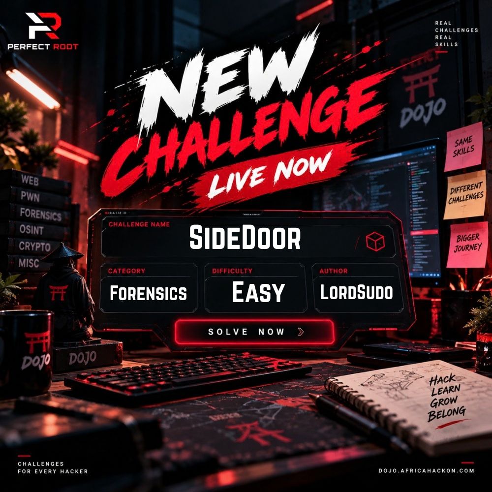 perfectrootdojo's tweet photo. New challenge just dropped. 🥷

SideDoor — Forensics, Easy.

Something's hidden in plain sight. Find the way in.

Solve now: https://t.co/PzX3pv3veM

#31NightsofR00t #DOJO #CTF #Forensics https://t.co/XGZKcPfV75