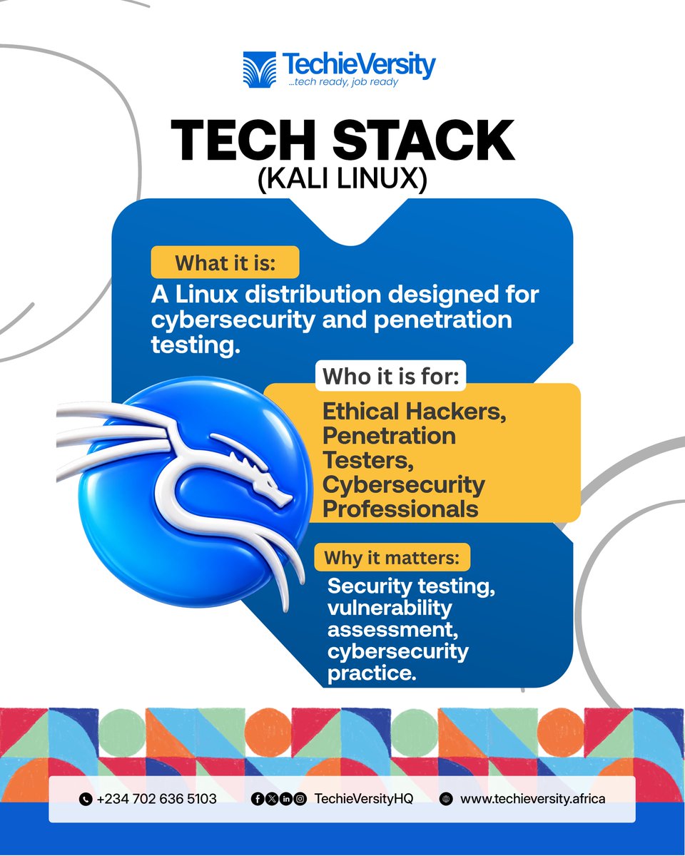 TechieVersityHQ's tweet photo. If you’re interested in cybersecurity, ethical hacking, or penetration testing, Kali Linux is a tool you should know.
It’s a Linux distribution built specifically for security testing, vulnerability assessment, and cybersecurity practice.
#techieversity #techstack #kalilinux https://t.co/m7xHx68hI0