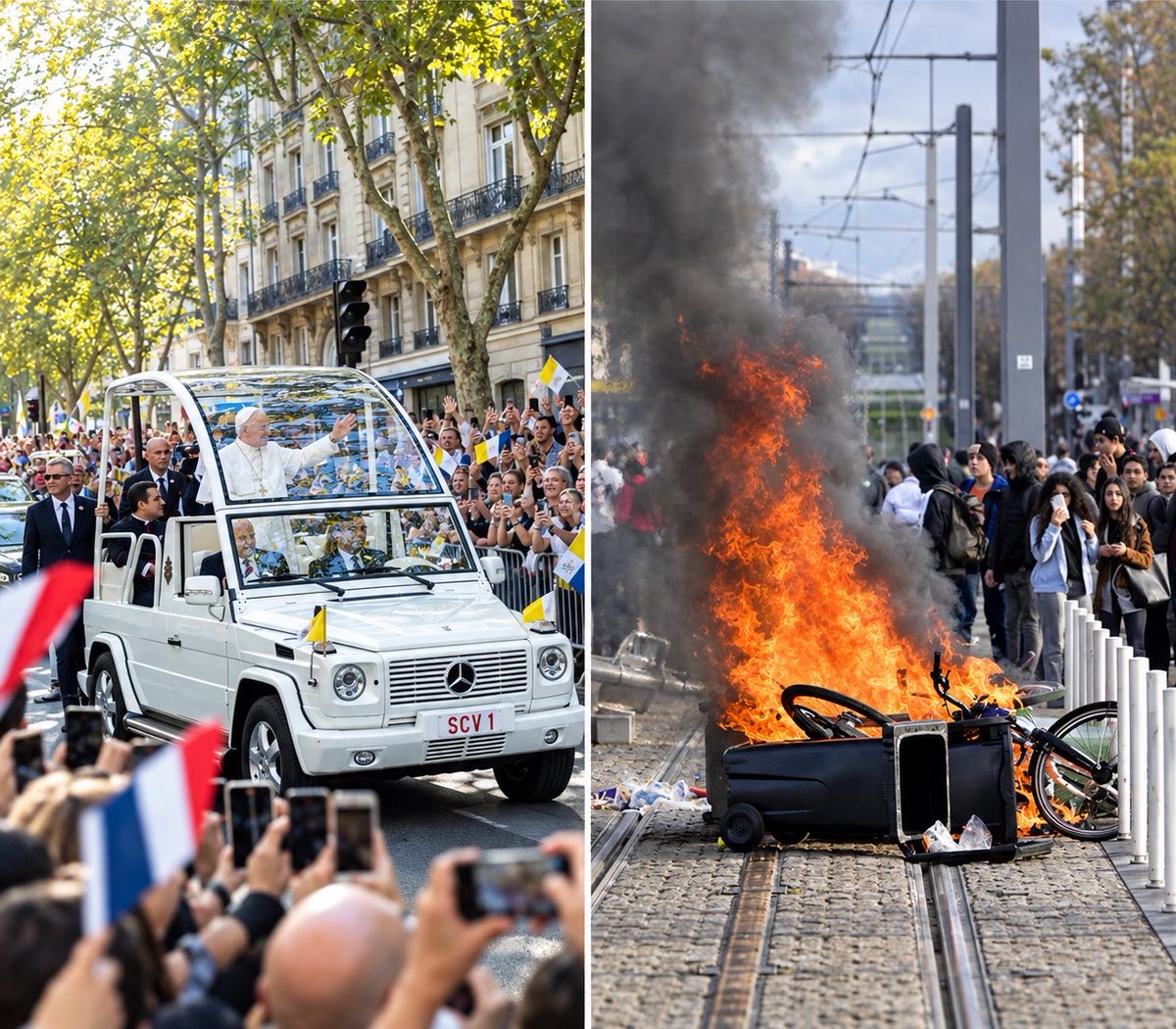 AlexaBardet's tweet photo. Deux semaines séparent ces deux photos.
D’un côté, une foule rassemblée dans la joie, le partage, une forme de communion. De l’autre, des affrontements, des dégradations, le rapport de force.

Et depuis le début de la semaine, une question revient : que reste-t-il une fois l’émotion passée ? Reprenons-nous simplement nos vies de parents, de salariés, d’entrepreneurs, nos contraintes, nos habitudes… en laissant l’espace public à ceux qui parlent le plus fort ?

Je ne crois plus que notre responsabilité de citoyens puisse se limiter au bulletin glissé dans l’urne tous les cinq ans.
Nous devons rendre visible cette France qui travaille, élève ses enfants, respecte les règles, entreprend, soigne, enseigne, crée et contribue chaque jour à faire tenir le pays.

Non pas plus de colère, mais plus de présence. 
Fermement. Calmement. Dire ce que nous voulons préserver, ce que nous refusons de voir disparaître et quelle France nous voulons construire.

Ne plus abandonner l’espace à ceux qui crient le plus fort. Ne plus laisser le fracas donner l’impression qu’il parle au nom du pays tout entier.

Pour ma part, ce sursaut passe par l’engagement politique. 
Je soutiens activement @davidlisnard pour que nous retrouvions le chemin de la Grande France, pas le temps d’un week-end enchanté, mais pour des décennies, celles que vivront mes enfants.
