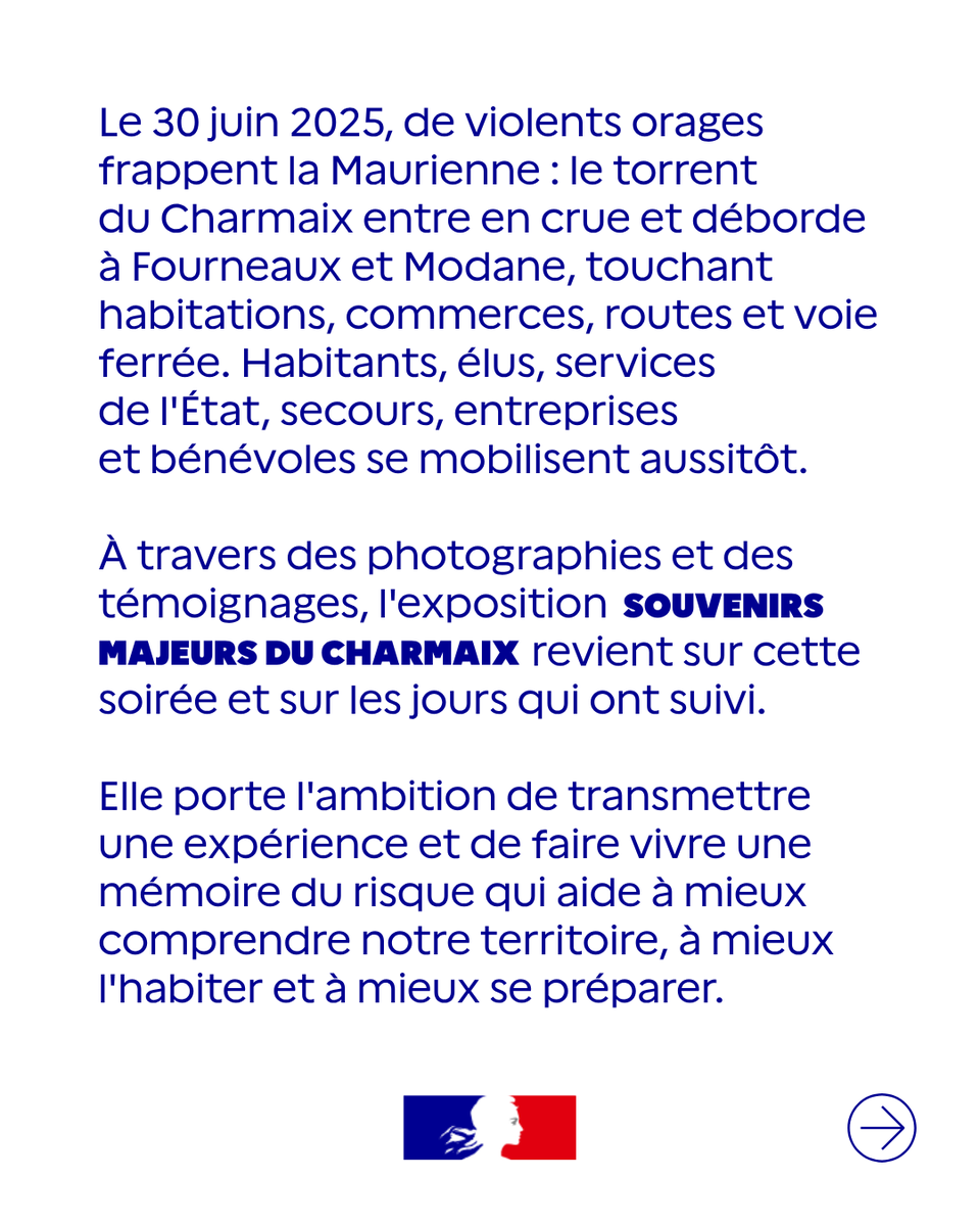 Prefet73's tweet photo. 🛡️ #JNR2026 | Dans le cadre de la Journée nationale de la résilience, la préfecture de la Savoie et ses partenaires vous invitent à découvrir l'exposition photos « Souvenirs majeurs du Charmaix » consacrée à la crue du torrent qui a touché les communes de Fourneaux et Modane les 30 juin et 1er juillet 2025.

Photographies, témoignages et échanges permettront de revenir sur cet événement, mais aussi de mieux comprendre les risques du territoire et les moyens de s’y préparer.

📅 Mardi 13 octobre 2026  
📍 Salle des fêtes de Fourneaux  
🕐 16h30 | Vernissage de l'exposition  
🕐 17h | Forum des acteurs de la gestion des risques

Plus d’informations sur notre site internet : https://t.co/dlRzFRok0v