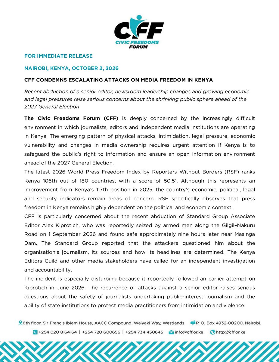 article19eafric's tweet photo. #PressStatement: Media freedom is under growing pressure in Kenya
We join @cff_kenya in raising concerns over escalating attacks on journalists, growing economic pressures on media houses, restrictive laws & threats to editorial independence ahead of the 2027 General Election. https://t.co/zoCKbJzL5h
