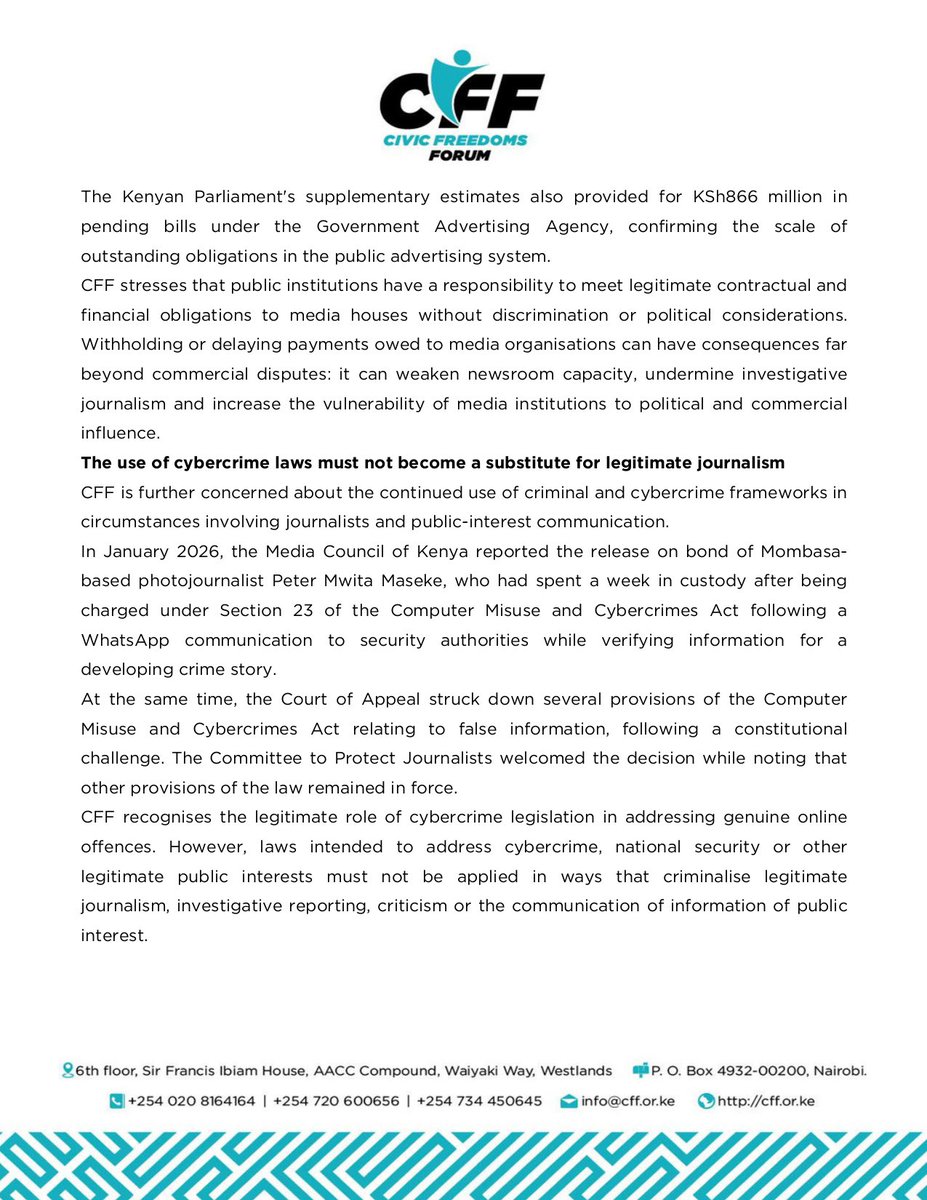 article19eafric's tweet photo. #PressStatement: Media freedom is under growing pressure in Kenya
We join @cff_kenya in raising concerns over escalating attacks on journalists, growing economic pressures on media houses, restrictive laws & threats to editorial independence ahead of the 2027 General Election. https://t.co/zoCKbJzL5h