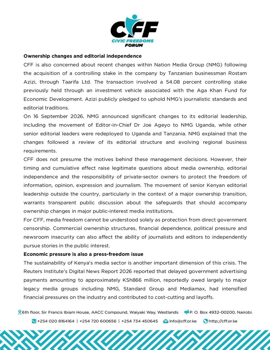 article19eafric's tweet photo. #PressStatement: Media freedom is under growing pressure in Kenya
We join @cff_kenya in raising concerns over escalating attacks on journalists, growing economic pressures on media houses, restrictive laws & threats to editorial independence ahead of the 2027 General Election. https://t.co/zoCKbJzL5h