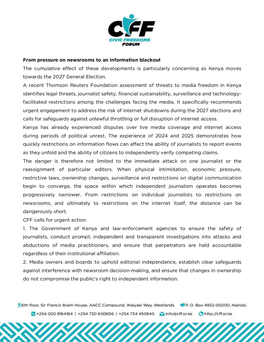 article19eafric's tweet photo. #PressStatement: Media freedom is under growing pressure in Kenya
We join @cff_kenya in raising concerns over escalating attacks on journalists, growing economic pressures on media houses, restrictive laws & threats to editorial independence ahead of the 2027 General Election. https://t.co/zoCKbJzL5h