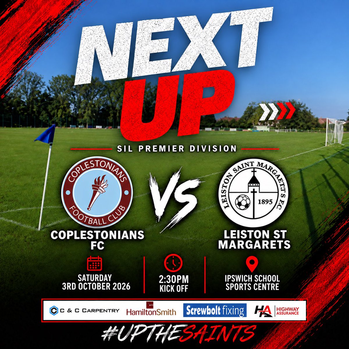 LSMFC's tweet photo. Next up!📆

📆 3rd October 2026
⏰ 2:30PM  
🆚 Coplestonians FC
🏆 SIL Premier Division 
🏟️ Ipswich School Sports Centre

#UpTheSaints https://t.co/gpGj1o8GCH