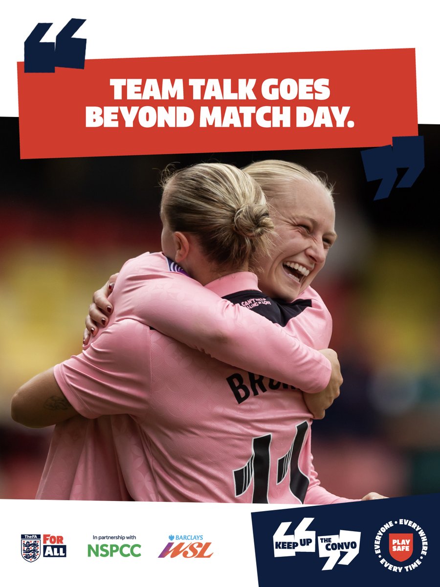 BarclaysWSL's tweet photo. TEAM TALK GOES BEYOND MATCH DAY.

On the pitch, the sidelines, the way home. Every part of football is an opportunity for a chat. This Play Safe Weekend, make time to ask, listen and respond so children and young people know they’ve been heard.

#KeepUpTheConvo #PlaySafe https://t.co/M90dUWZxCV