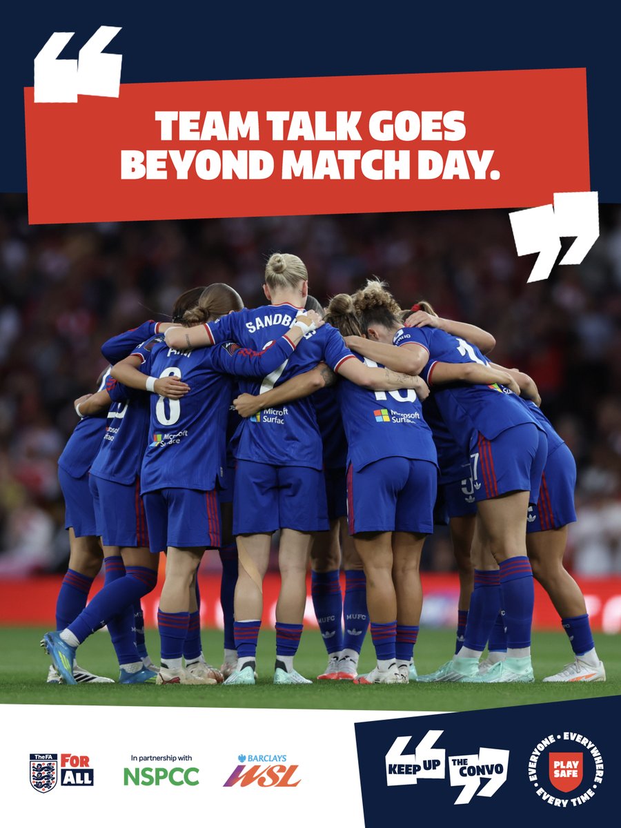 BarclaysWSL's tweet photo. TEAM TALK GOES BEYOND MATCH DAY.

On the pitch, the sidelines, the way home. Every part of football is an opportunity for a chat. This Play Safe Weekend, make time to ask, listen and respond so children and young people know they’ve been heard.

#KeepUpTheConvo #PlaySafe https://t.co/M90dUWZxCV