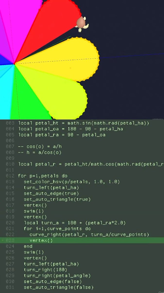 A screenshot showing Lua programming code for drawing a colorful flower with multiple petals, with the rendered flower and bee partially visible in the upper portion above the code editor.