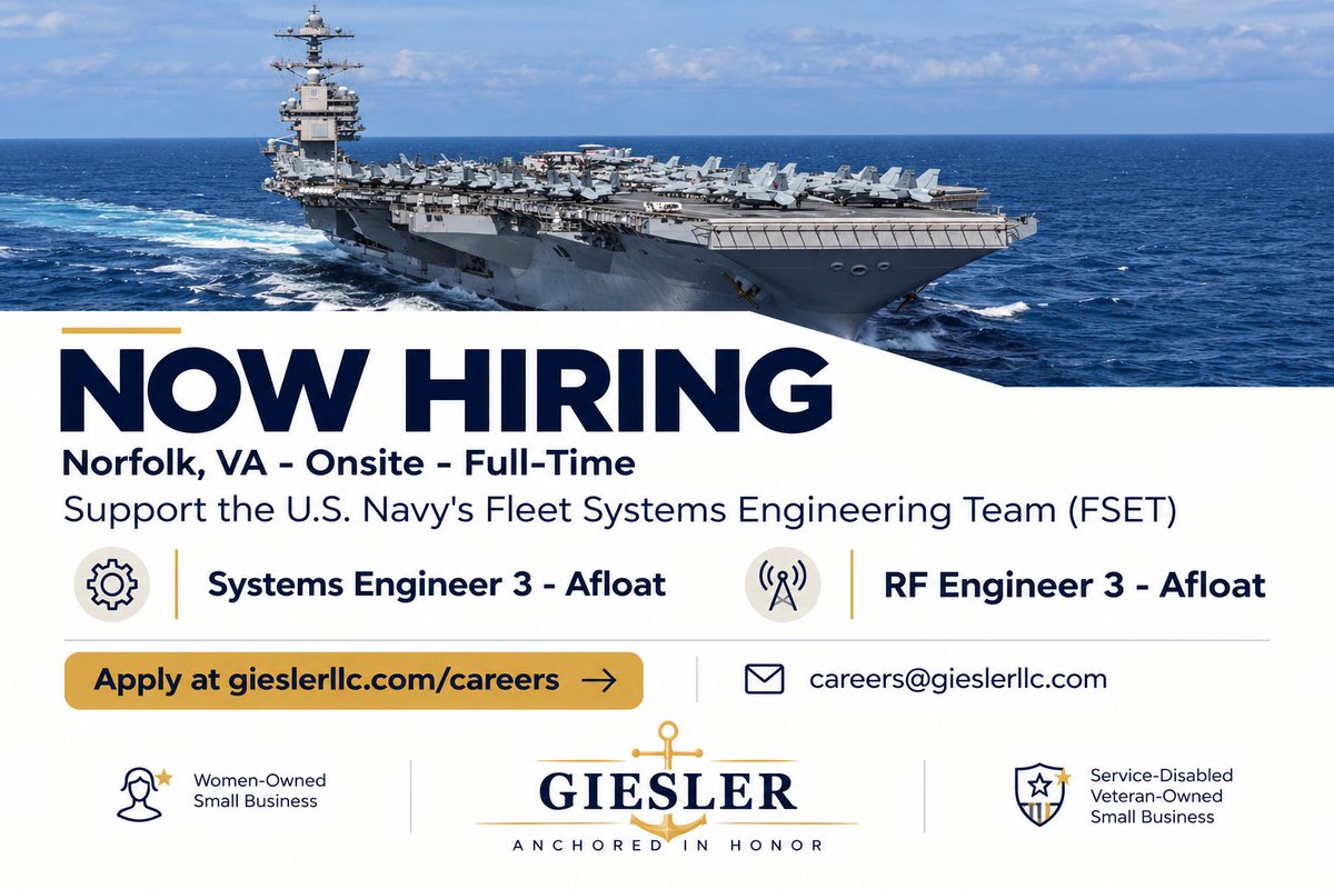 Giesler_LLC's tweet photo. Come join Team Giesler! Two senior engineering positions are open in Norfolk, VA, and we're looking for the right people to fill them.
Systems Engineer 3 - Afloat
RF Engineer 3 - Afloat
Learn more and apply: https://t.co/GCuTrEESq6
#WOSB #SDVOSB #Hiring #C4ISR #FSET #NavyJobs https://t.co/B4kCAvXhSr