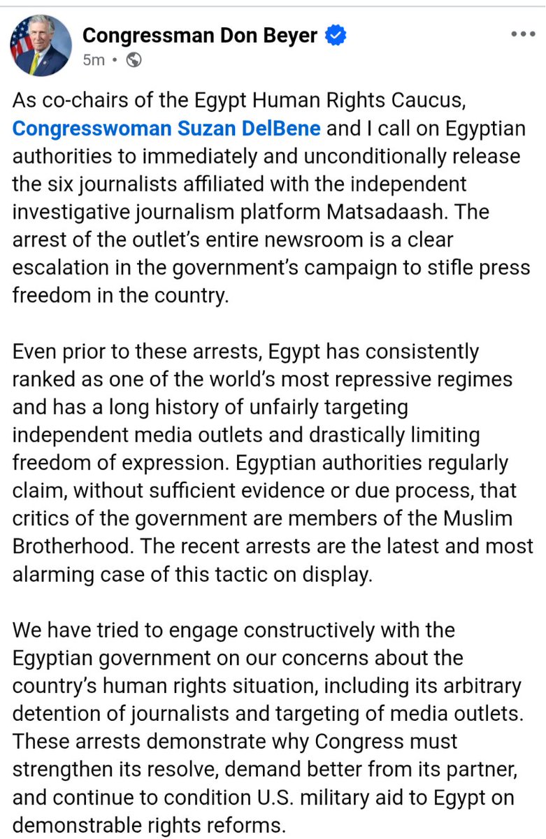 maitelsadany's tweet photo. The Co-Chairs of the Egypt Human Rights Caucus @RepDonBeyer and @RepDelBene call on Egyptian authorities "to immediately and unconditionally release the six journalists affiliated with the independent investigative platform @matsda2sh" https://t.co/PfA9scU5o9 https://t.co/mcwFkxJaY7