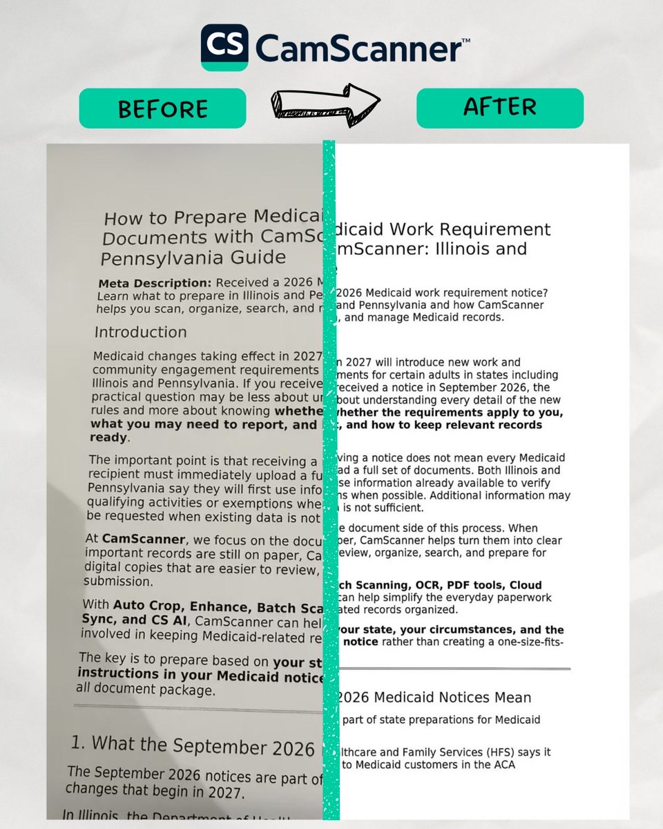 CamScanner's tweet photo. Medicaid documents? Scan them with CamScanner. 📄
Use CS to quickly scan forms, notices, and supporting documents, then keep everything organized and easy to access when you need it.
#CamScanner #Medicaid #DocumentScanning #ScanWithCS #Paperwork https://t.co/o2vV8CLPYn