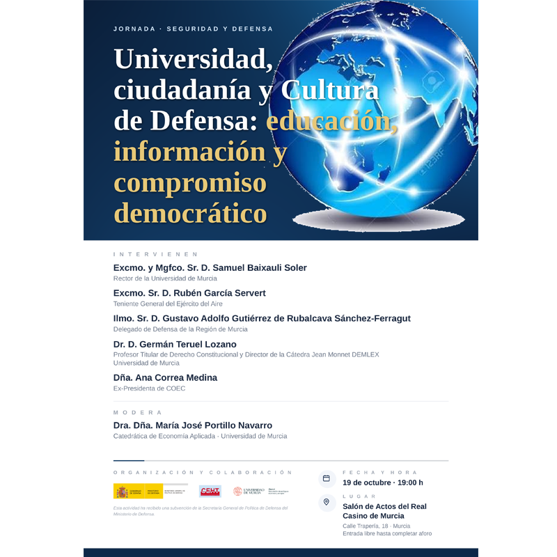 CatHdaT's tweet photo. 📣 ¿Te interesa conocer mejor la relación entre universidad, #ciudadanía y cultura de #defensa?

El próximo 19 oct, 19:00 h, te invitamos a esta jornada.
📍 Real Casino de #Murcia · Salón de Actos
🎟️ Entrada libre hasta completar aforo

¡Te esperamos! 🎓
#Universidad #Murcia https://t.co/uYk4eyrxyr
