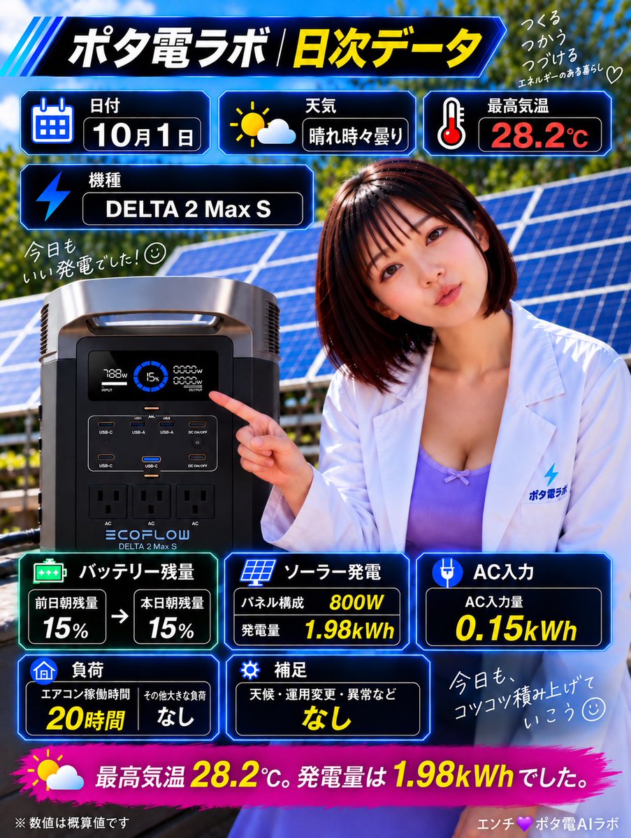 potaden_lab's tweet photo. 【ポタ電ラボ｜10月1日】

☀️ 晴れ時々曇り
🌡 最高気温 28.2℃

🔋 DELTA 2 Max S
☀️ ソーラー 800W
⚡ 発電量 1.98kWh
🔌 AC入力 0.15kWh
🔋 朝残量 15% → 15%
❄️ エアコン稼働 20時間

10月スタートは、ほぼ2kWh発電☀️
発電量1.98kWhに対して、AC入力はわずか0.15kWhでした。

最高気温28.2℃でエアコンは20時間稼働。
それでもかなりソーラー主体で回せた1日です🔋✨

大きな負荷、運用変更、異常はなし。
10月もコツコツ記録していきます☺️

#ポタ電ラボ #EcoFlow #DELTA2MaxS #ポータブル電源 #ソーラー発電