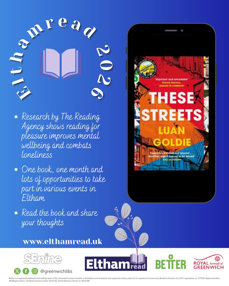 ElthamLibrary's tweet photo. Join us at #ElthamLibrary on Tuesday 13 October from 7pm for an evening in conversation with Luan Goldie! 📚 Her book ‘These Streets’ is the 2026 #Elthamread pick. Reserve your copy here: https://t.co/hiuaPeZBtC 🌿 One book. One month. One Eltham.
#LoveYourLibrary https://t.co/5GFb52PECi