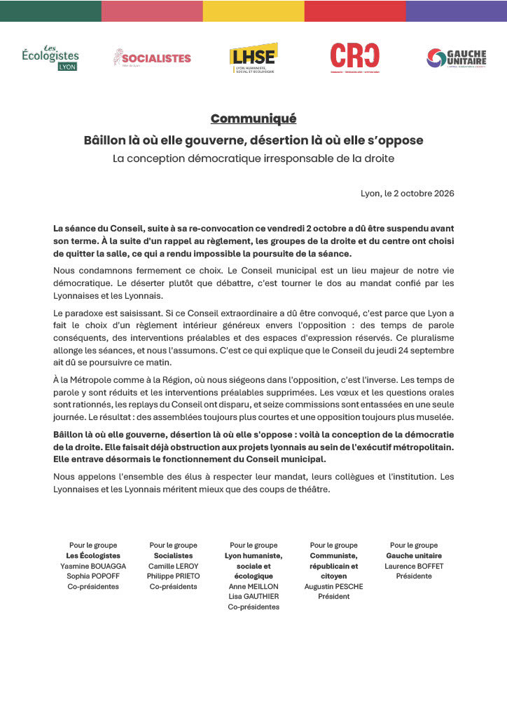 BoffetLaurence's tweet photo. Notre communiqué suite à la séance du conseil municipal de ce jour, chahutée en raison d’une conception toute particulière de la démocratie par des groupes d’opposition de droite
#Lyon #conseil https://t.co/yiJEsJ8RBK