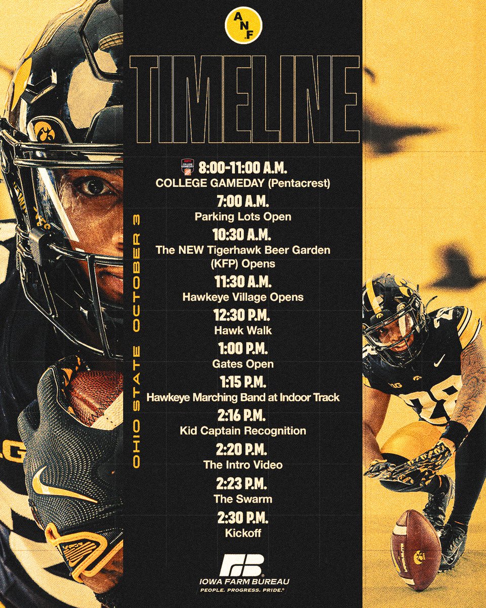 TheIowaHawkeyes's tweet photo. GAMEDAY TIMELINE 👇

Everything you need to know: https://t.co/fZESxBb7rg https://t.co/GXxpfJhJ2Y