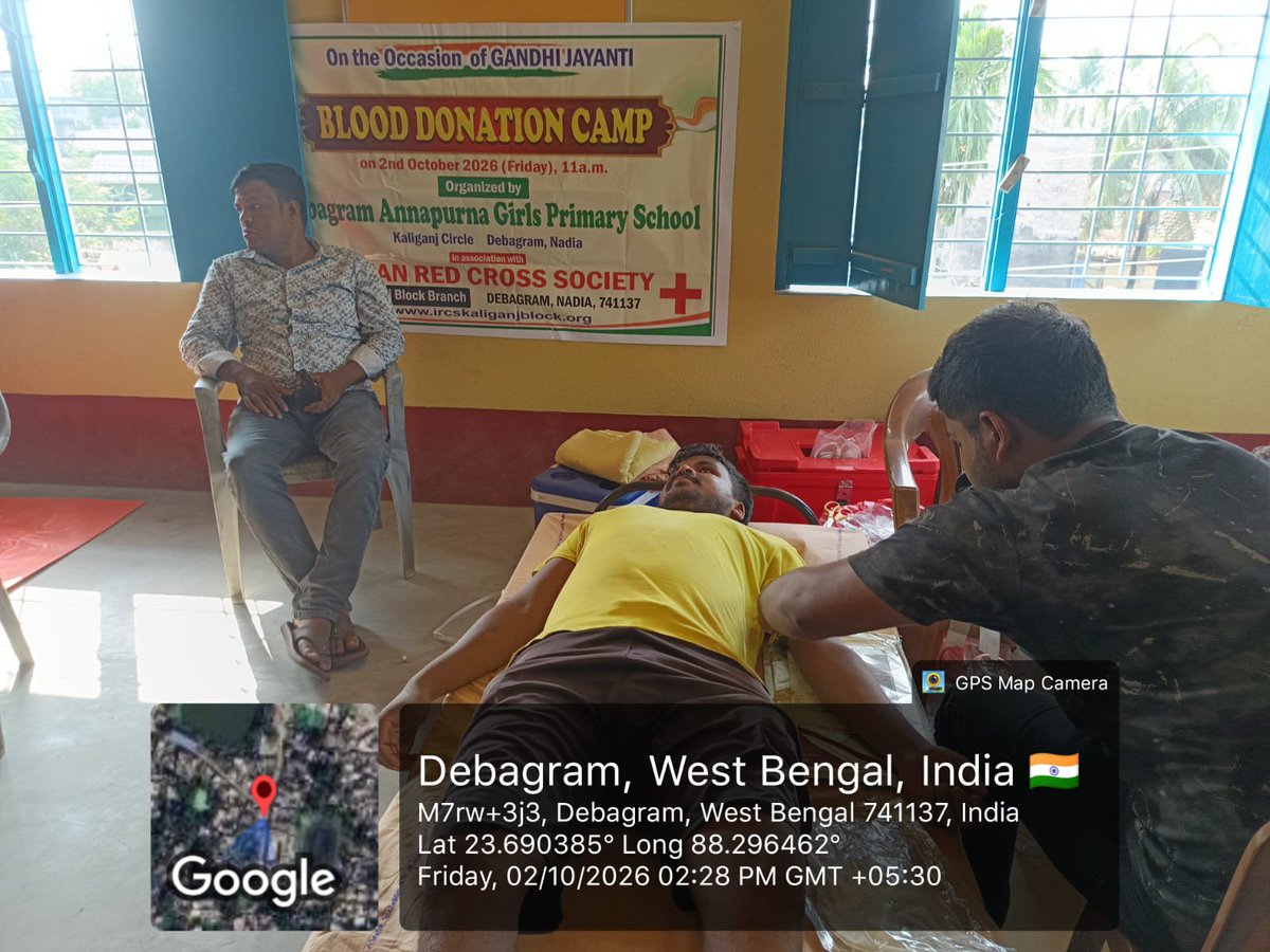 IrcsBengal's tweet photo. On the occasion of Gandhi Jayanti on 02.10.2026 IRCS Kaliganj Block Branch, Nadia organised a Blood Donation Camp in association with Debagram Annapurna Girls Primary School at School Premises with a No. of 26 Doners.
#blooddonation #ircswb #indianredcrosssociety https://t.co/g8m9bvGQdv