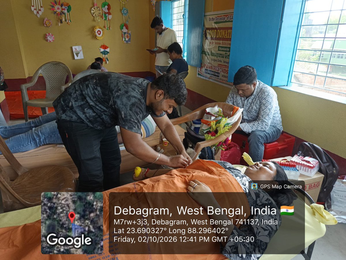 IrcsBengal's tweet photo. On the occasion of Gandhi Jayanti on 02.10.2026 IRCS Kaliganj Block Branch, Nadia organised a Blood Donation Camp in association with Debagram Annapurna Girls Primary School at School Premises with a No. of 26 Doners.
#blooddonation #ircswb #indianredcrosssociety https://t.co/g8m9bvGQdv