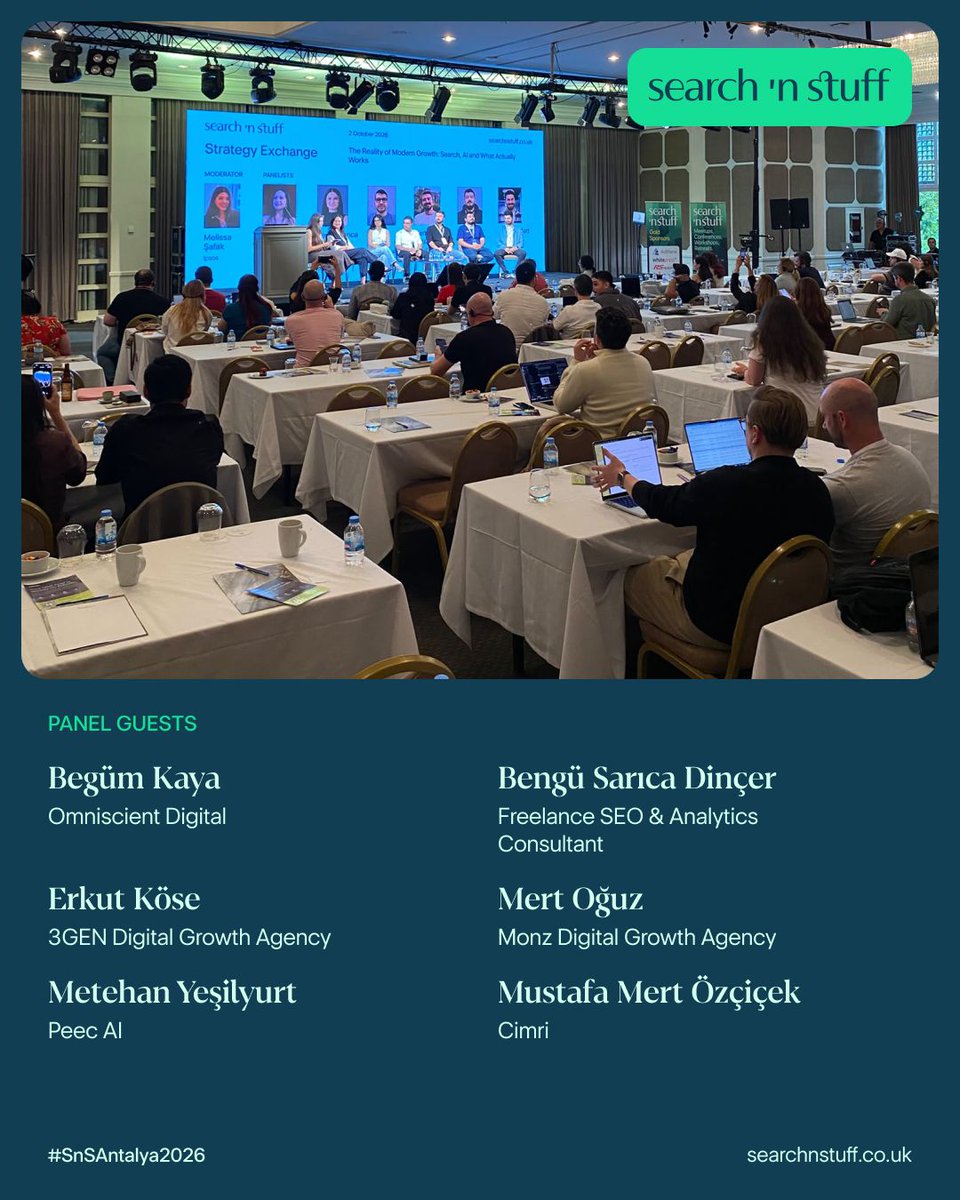 searchandstuff's tweet photo. 🎙️ Panel: “The Reality of Modern Growth: Search, AI and What Actually Works.” @SafakMelissa moderates with @begumkayaseo, @bngsrc, @KosErkut, Mert Oğuz, @metehan777 and Mustafa Mert Özçiçek. What is really driving growth. #SearchNStuffAntalya https://t.co/SQbucYTTV6
