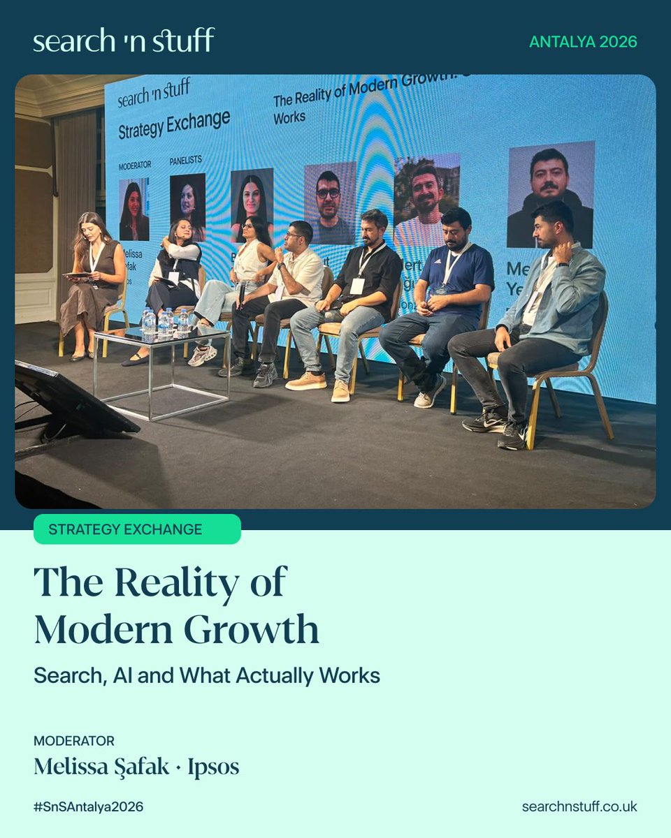 searchandstuff's tweet photo. 🎙️ Panel: “The Reality of Modern Growth: Search, AI and What Actually Works.” @SafakMelissa moderates with @begumkayaseo, @bngsrc, @KosErkut, Mert Oğuz, @metehan777 and Mustafa Mert Özçiçek. What is really driving growth. #SearchNStuffAntalya https://t.co/SQbucYTTV6