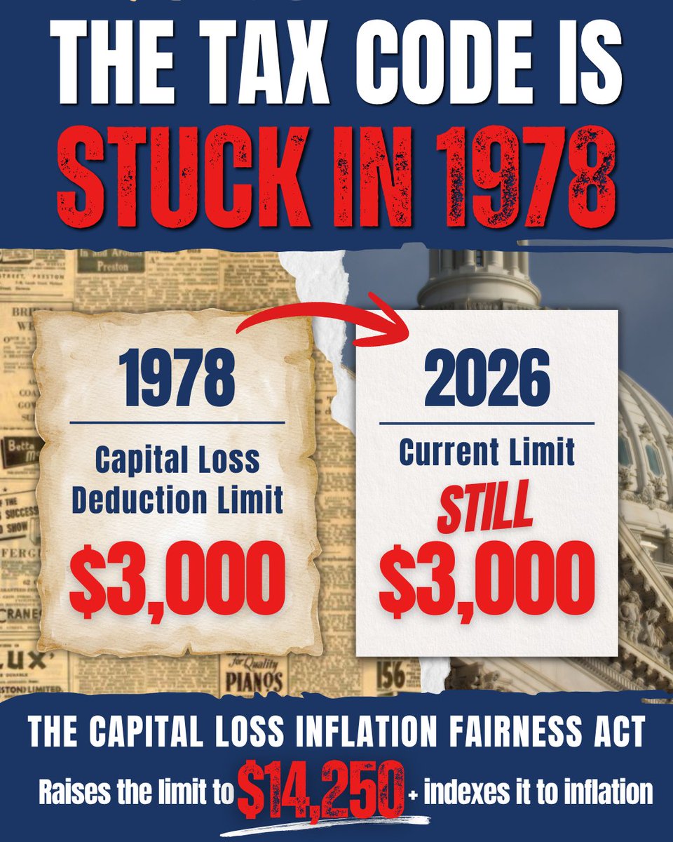 A political-style infographic compares a capital loss deduction limit from 1978 with the current limit in 2026, emphasizing that the amount has remained unchanged. It includes a red arrow between two paper panels, newspaper clippings in the background, and part of a government building. Text appears throughout.