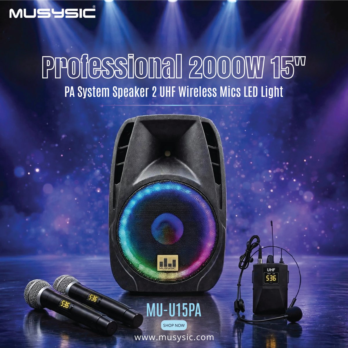 MUSYSIC's tweet photo. Professional 2000W 15" PA Speaker with Wireless Mics & LED Lights
Shop Now: https://t.co/pGIxi35zTc
#Musysic #PASpeaker #ProfessionalAudio #WirelessMicrophone #PASystem #2000WSpeaker #15InchSpeaker #LEDSpeaker https://t.co/KnrJMPPuNn
