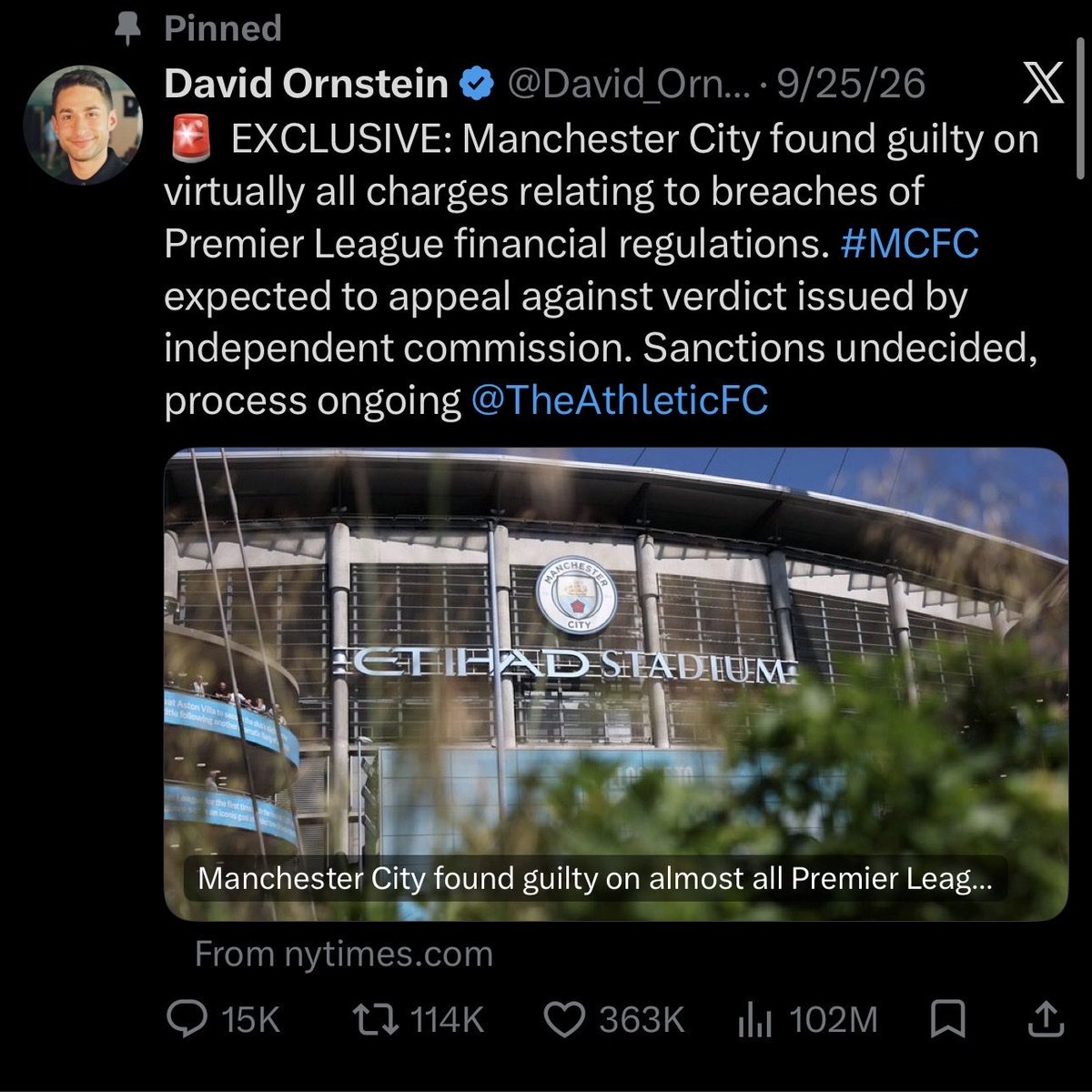 trevsenpaii's tweet photo. David Ornstein can you tell me why as a journalist you’re only tweeting the negative against city. City lodged their appeal today and there’s 0 tweets because it doesn’t give you the clicks. Are you a journalist or a mouthpiece campaigning against our club https://t.co/luhvvOTVuU