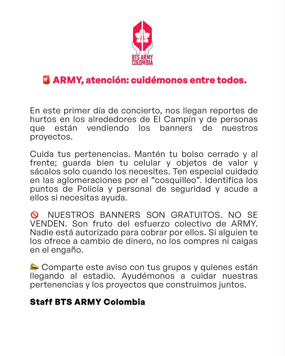 btsarmycol_'s tweet photo. 🚨 ARMY, que la emoción no nos haga bajar la guardia: se reportan hurtos alrededor de El Campín y ventas no autorizadas de nuestros banners. Son GRATIS: no pagues por ellos. 💜

Lee el comunicado y compártelo. Cuidarnos también es parte de vivir este sueño juntos. https://t.co/eHKK8hxdgo
