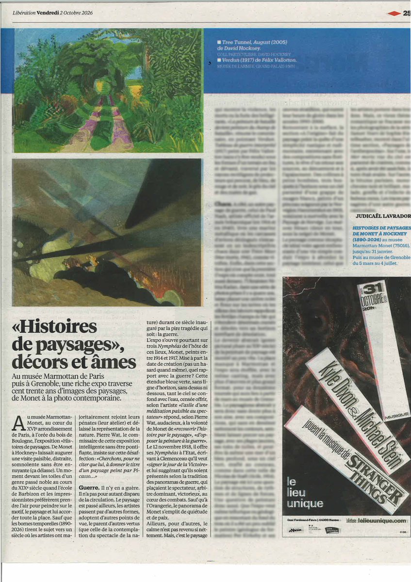 AcadBeauxarts's tweet photo. Merci @libe ! L'exposition "Histoires de paysages : de Monet à Hockney est à découvrir jusqu’au 31 janvier 2027 au Musée Marmottan Monet de l’Académie des beaux-arts (Paris XVIe). Du mardi au dimanche, de 10h à 18h (nocturne le jeudi jusqu’à 21h) : https://t.co/gC5cLdaBHt. https://t.co/sOPCYislXj
