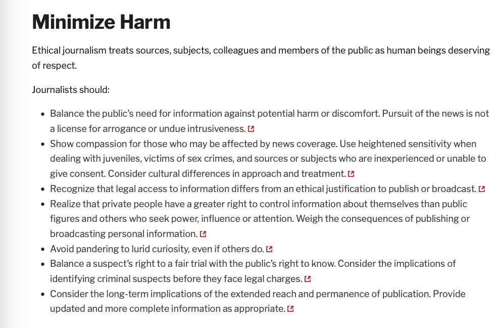 deaton_chris's tweet photo. @jtierney6 @KGWNews The SPJ's code of ethics has an entire section on minimizing harm. Ruining a person's life over dumb (and that's what they are — dumb) social media posts sent when he was 15 is unethical. If a random X user wants to try doing that, whatever. But not a professional news outlet. https://t.co/dzObrzX3Vo
