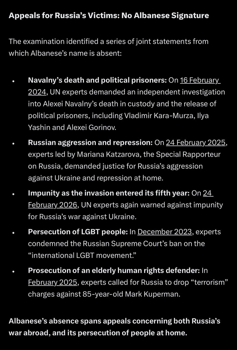 H4NDelMonaco's tweet photo. Secondo @UNWatch, da quando @FranceskAlbs è diventata Relatrice speciale ONU, non ha firmato una sola dichiarazione congiunta degli esperti ONU sulle violazioni e i crimini russi commessi in Ucraina.

Assurdo, no?
Allora ho controllato, e in effetti la sua firma non c’è mai.

Il suo predecessore nello stesso mandato, Michael Lynk, firmò invece due dichiarazioni contro l’aggressione russa, nel febbraio e marzo 2022.

E non è una questione di “mandato”. Albanese ha firmato dichiarazioni congiunte sull’Iran, sul Libano e sull’escalation regionale che coinvolgeva anche la Siria.

Sulla Russia, invece, nulla. In oltre quattro anni.

Perché?