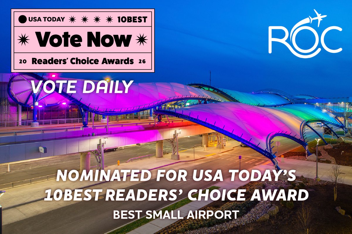 ROCAirport's tweet photo. Last call, Rochester! ⏰ 

Voting for the @USATODAY @10Best Best Small Airport award is almost over, and we'd love one final push from our amazing community.

If you haven't cast your vote today, there's still time.

🗳️ Vote here: https://t.co/b6iCHqrDcY

#FlyROC #VoteROC https://t.co/qbqWWqP1Sq