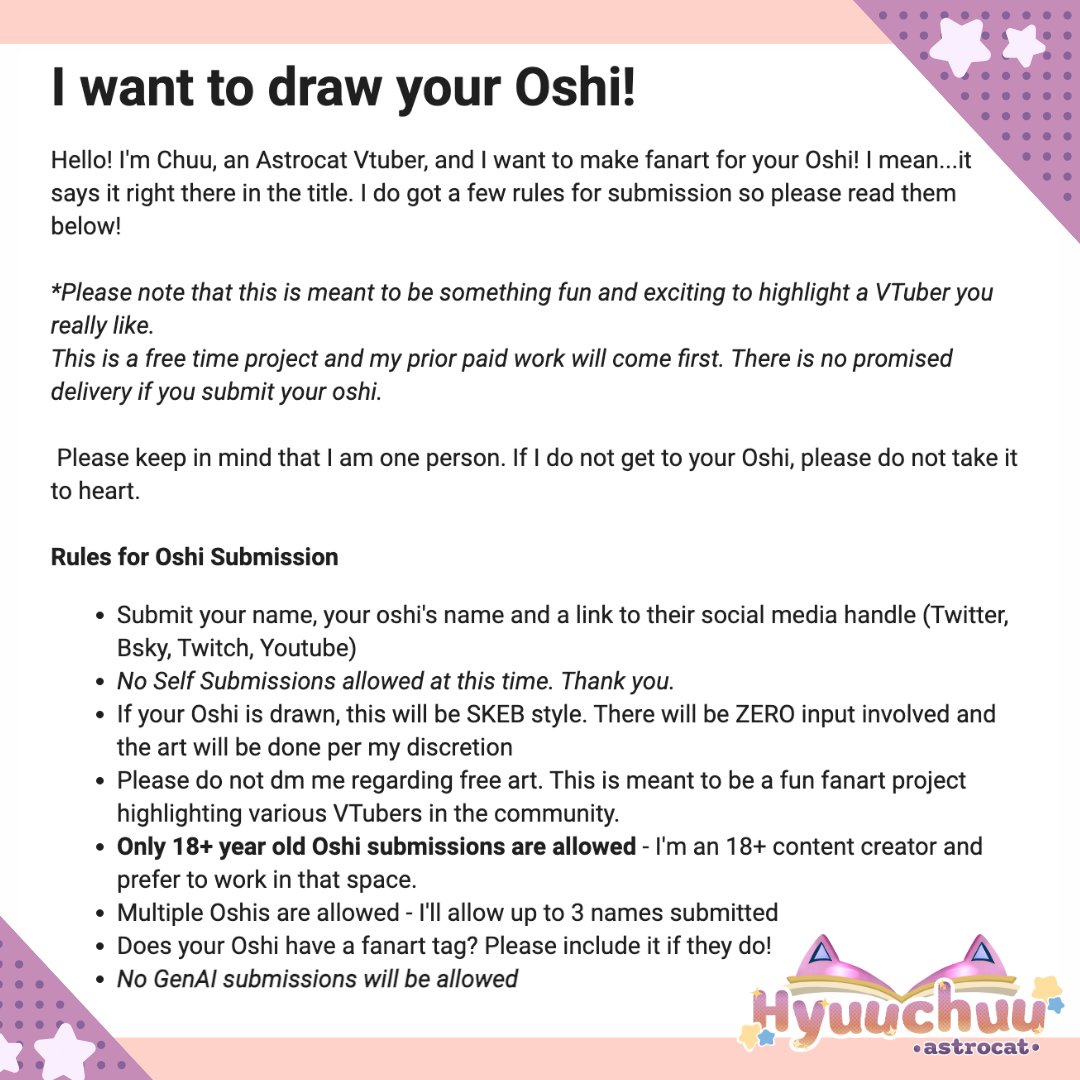 Hyuuchuu's tweet photo. Do you have an Oshi? 
Do you want to see more fanart for them? 
Well do I have an offer for you!

I want to draw your Oshi! Doesn't matter if they're corporate, indie or your friend you really really like! If they're your Oshi, I'd like the chance to draw them!

Form 🔗 ⬇️ https://t.co/xP8EwXyF1o