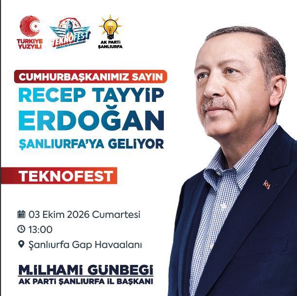 CYAZMAC's tweet photo. Şanlıurfa’mız büyük buluşmaya hazırlanıyor. 🇹🇷

Cumhurbaşkanımız ve Genel Başkanımız Sayın @RTErdogan’ı, 2000 yataklı Şanlıurfa Şehir Hastanemiz başta olmak üzere şehrimize kazandırılan dev eserlerin açılışı ve TEKNOFEST Güneydoğu heyecanı için kadim şehrimizde ağırlayacağız. 

TEKNOFEST Güneydoğu, 30 Eylül-4 Ekim tarihleri arasında Şanlıurfa GAP Havalimanı’nda gerçekleştiriliyor.

Tüm hemşehrilerimizi bu tarihi heyecana ortak olmaya yarın 13.00’da Şanlıurfa GAP Havaalanına, 15.00’te Şanlıurfa Şehir Hastanemizin önündeki miting alanına davet ediyorum.

Haydi Şanlıurfa, Cumhurbaşkanımızı hep birlikte karşılayalım 🇹🇷

@Akparti @abuyukgumus @acarfaruka @milhamigunbegi @akpartiurfa