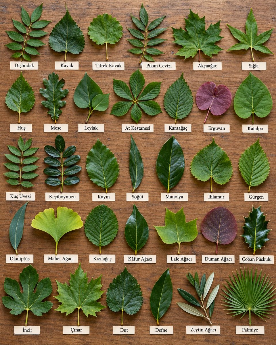 0rmanmuhendisi's tweet photo. Bir ağacı tanımak için bazen tek bir yaprak yeter. 🍃

Şekli, kenarları, damar yapısı, yaprakçıkların dizilişi… İlk bakışta birbirine benzeyen yapraklar, dikkatle bakıldığında aslında oldukça farklı ipuçları verir.

Bu fotoğrafı, gerektiğinde açıp karşılaştırabileceğiniz küçük bir yaprak rehberi gibi hazırladım. 🌿

Dişbudaktan meşeye, kayından ıhlamura, çınardan zeytine… Bazılarını uzaktan bile tanıyoruz; bazılarını ise yaprağı elimize aldığımızda bile karıştırabiliyoruz.

🍂 Peki siz, fotoğraftaki yapraklardan kaç tanesini ismine bakmadan tanıyabilirsiniz?

🌳 Sizce Türkiye’de yaprağından en kolay tanınan ağaç hangisi?

📌 Fotoğrafı kaydedin; bir sonraki doğa yürüyüşünüzde işinize yarayabilir.
↗️ Ağaçları ve bitkileri seven bir arkadaşınıza da gönderin.

#Ağaçlar #Yapraklar #Botanik #OrmanMühendisi
