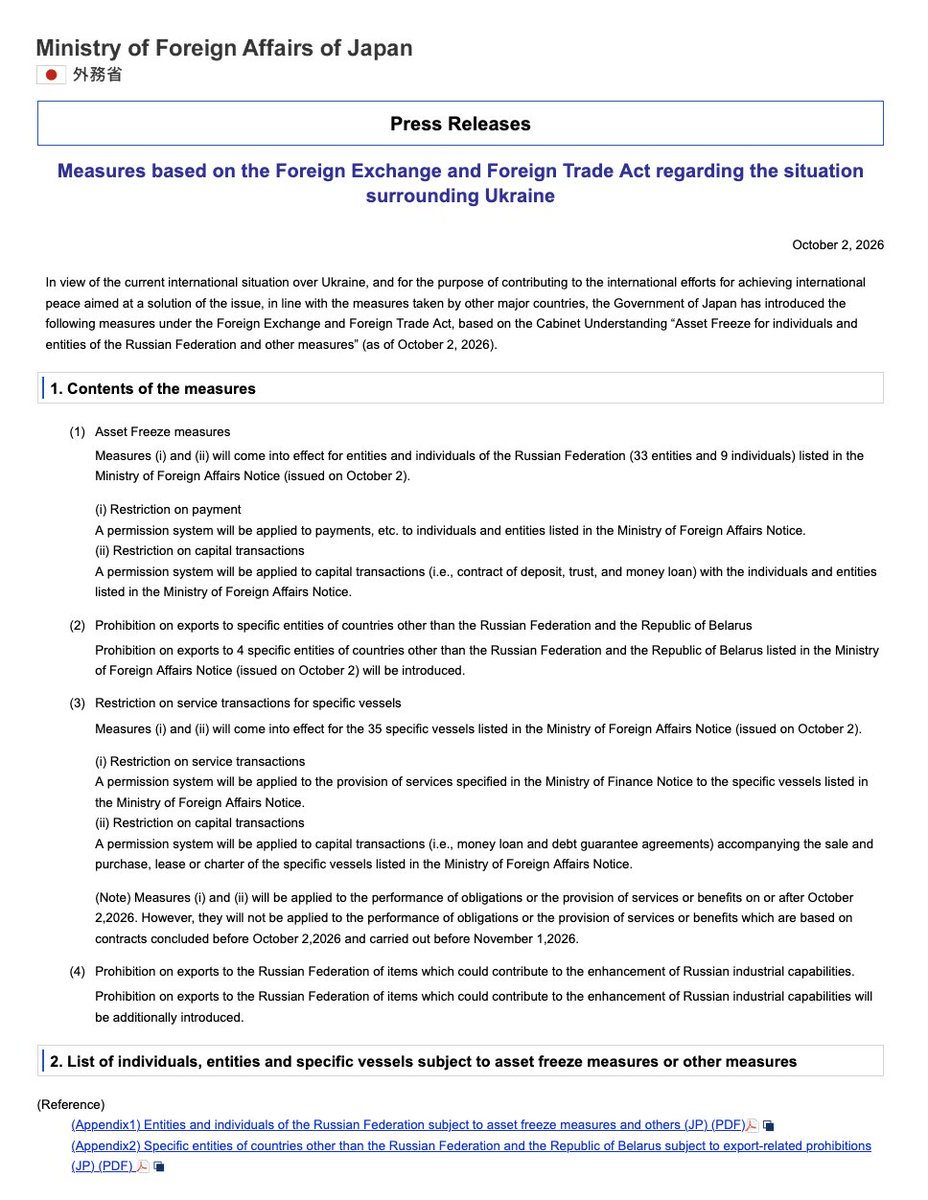 ralexdc's tweet photo. NEW!!   Japan is rolling out new Russia sanctions targeting its military-industrial base, sanctions evasion and the 'shadow fleet.'

The package freezes assets of 33 Russian entities and 9 individuals, restricts services for 35 vessels and adds export curbs.

👇 https://t.co/YhTavNeDVm