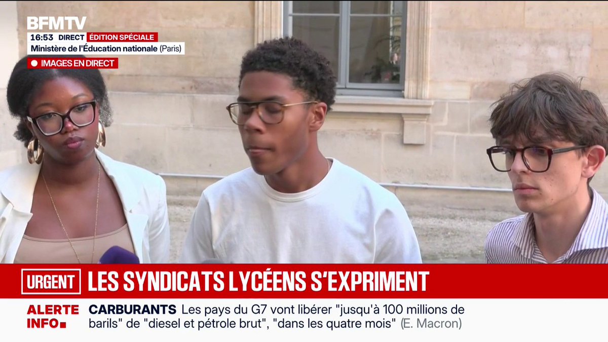 A BFMTV live broadcast at 16:53 from the Ministère de l'Éducation nationale in Paris features three young people being interviewed under the "URGENT - LES SYNDICATS LYCÉENS S'EXPRIMENT" banner, alongside a breaking news ticker about G7 countries releasing up to 100 million barrels of fuel per E. Macron. The image illustrates the accompanying post's theme of high-society or privileged youth representatives appearing on mainstream media to voice opinions, raising questions about who truly orchestrates or represents such youth movements on television.