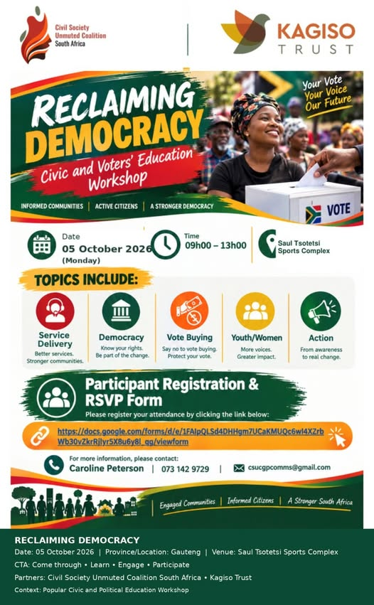 CSUnmuted's tweet photo. RECLAIMING DEMOCRACY
Let’s talk. Let’s learn. Let’s participate.
You are invited to our Popular Civic and Political Education Workshop at Saul Tsotetsi Sports Complex.

Come through. Bring your voice. Be part of the conversation!

📷 5 October 2026
📷Saul Tsotetsi Sports Complex https://t.co/zueK7uJdzr
