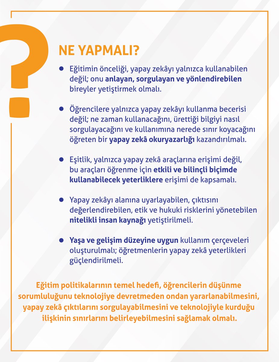 tedmem's tweet photo. TEDMEM olarak “Eğitimde Yapay Zekâ: Küresel Eğilimler ve Türkiye için Politika Önerileri” raporumuzdaki tespitleri ve çözüm önerilerini bir kez daha kamuoyunun dikkatine sunuyoruz.
📄 [bağlantı]: https://t.co/b3A9rVNdw8 https://t.co/lH61qYD8PJ