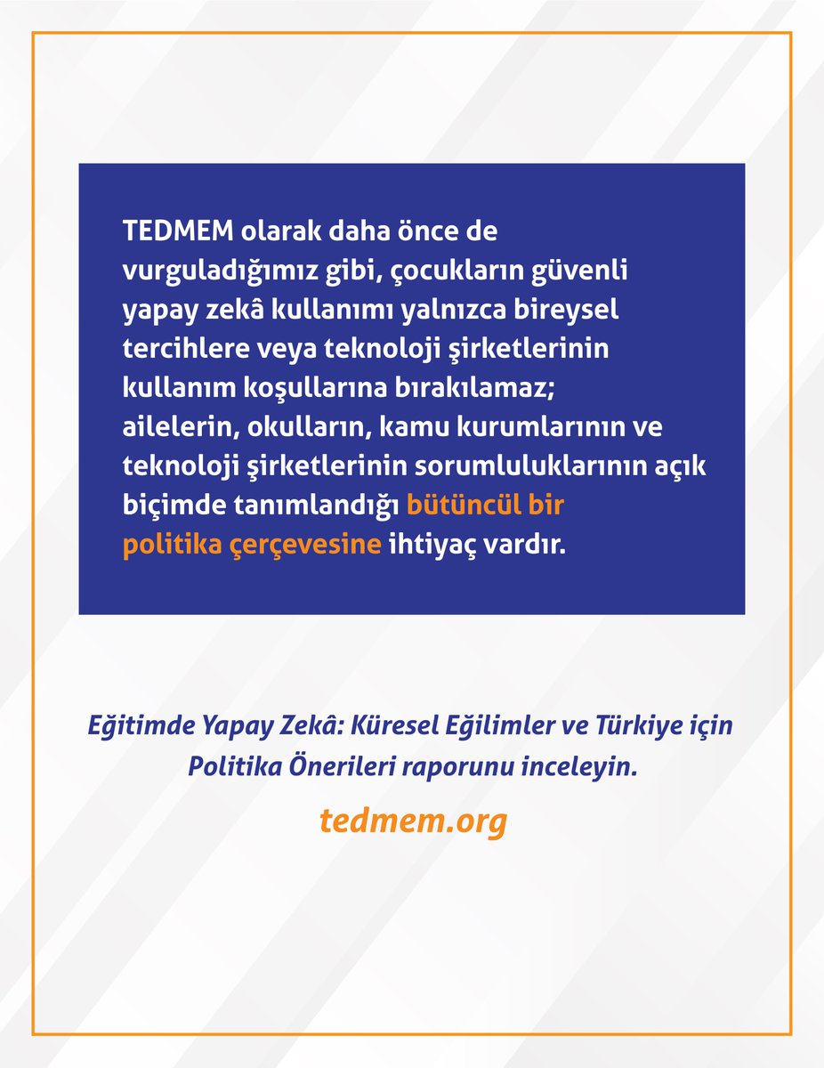 tedmem's tweet photo. TEDMEM olarak “Eğitimde Yapay Zekâ: Küresel Eğilimler ve Türkiye için Politika Önerileri” raporumuzdaki tespitleri ve çözüm önerilerini bir kez daha kamuoyunun dikkatine sunuyoruz.
📄 [bağlantı]: https://t.co/b3A9rVNdw8 https://t.co/lH61qYD8PJ
