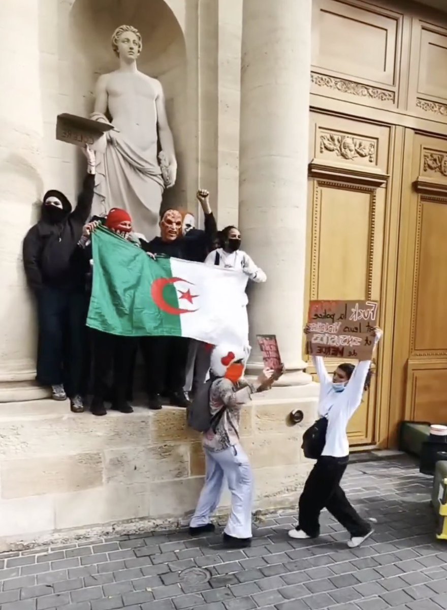 WarMonitor3's tweet photo. A picture that paints a thousand words 2-3rd generation students in France hoisting an Algerian flag near an old French building. 

No respect for France absolutely 0 integration, a huge problem moving forward. https://t.co/YA1BGrkv51