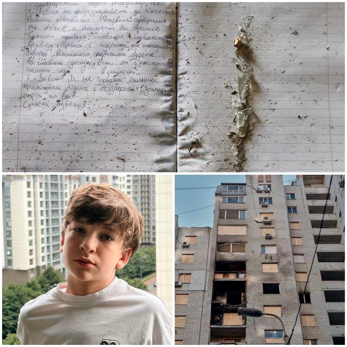 rshereme's tweet photo. This is the unfinished homework of 14-year-old Daniel Umansky.

On the morning of September 25, Daniel was sitting in his room in Kyiv, doing his homework.

He was writing about Volodymyr Monomakh, a ruler of Kyivan Rus, and his moral teachings written almost nine centuries ago. The assignment asked Daniel to think about how those principles might be understood today.

He wrote about respecting others, protecting the vulnerable, helping orphans, and other basic human principles.

Daniel never finished his home assignment.

At around 8 a.m., a Russian het drone struck his apartment building in the center of Kyiv.

Daniel was killed in his room. Among the wreckage of the family’s apartment, his school notebook remained open.

There is a terrible symbolism in what Daniel was writing at the moment his life was taken. A 14-year-old boy was trying to put into modern words a centuries-old principle: the strong must not be allowed to destroy the weak.

He never finished that thought. A Russian drone reached his room first. You can see the drops of blood on his school notebook. 

Today, Daniel was laid to rest in Israel, where his grandparents live. 

In September 2026 alone, there were 235 air alerts in Kyiv. Schools, hospitals, universities, infrastructure, and residential buildings were under deliberate Russian attacks. Hundreds of civilians were injured. Around thirty were killed. Danya was one of them. There should be responsibility. There should be just peace. 

His mother was wounded in the same attack, and the family’s home was damaged.

Source: text of Oleksandra Matviichuk, Nobel Peace Laureate