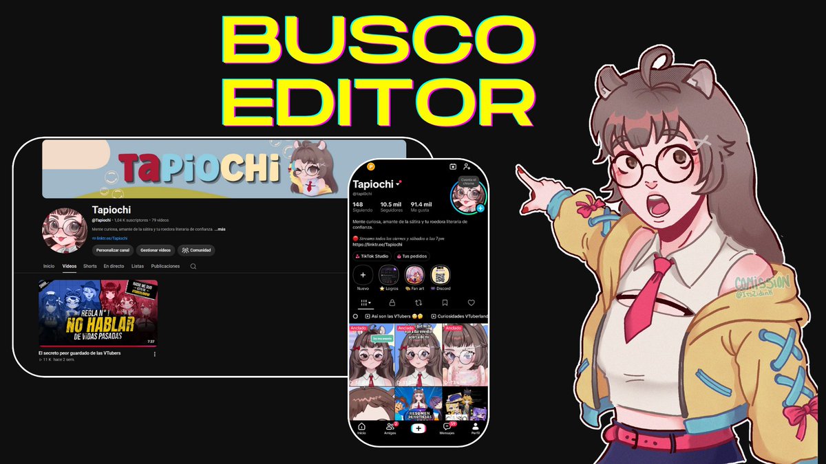 Tapi0chi's tweet photo. Estoy buscando editor/a 💛🫯
Quiero empezar a trabajar con alguien que me ayude tanto con videos largos como con contenido corto.

👉En largos hago sobre todo videoensayos, análisis y videos guionizados, así que busco a alguien que tenga buen ritmo, sepa acompañar los chistes y también las partes más explicativas sin sobrecargarlas.

👉Para cortos, también hago contenido guionizado, principalmente sketches, storytimes y videos con una idea o narrativa clara, así que me interesa una edición dinámica y creativa que le sume personalidad al video.

💛También me gustaría encontrar a alguien con buena comunicación, disponibilidad y tiempos de entrega ágiles, porque quiero mantener un ritmo bastante activo de publicación.

La idea sería trabajar de forma recurrente y, honestamente, me emociona mucho encontrar a alguien que también pueda aportar su propio estilo a lo que hago.
Si te interesa, puedes dejarme tu portafolio y contarme si editas cortos, largos o ambos.
Y si tienes ejemplos de videoensayos, sketches, storytimes o contenido guionizado, mejor todavía 👀

Si conocen a alguien que podría encajar, agradecería muchísimo que compartieran.