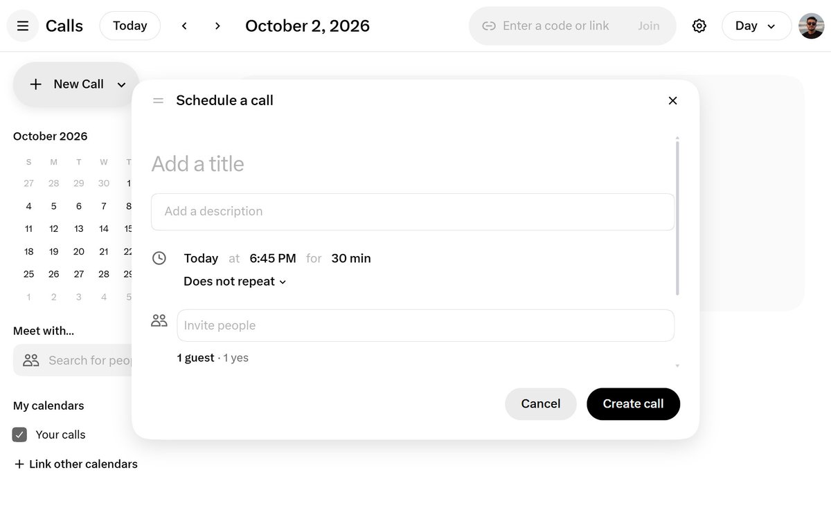 nima_owji's tweet photo. BREAKING: "X CALLS" is live at https://t.co/dlxSi3FVvn! 👀

NO ACCOUNT NEEDED! You can join with just a code or link.

It has a calendar for calls. Start a call now, make a link for later, or schedule it!

There's a whiteboard, reactions, and backgrounds made with Grok Imagine.
