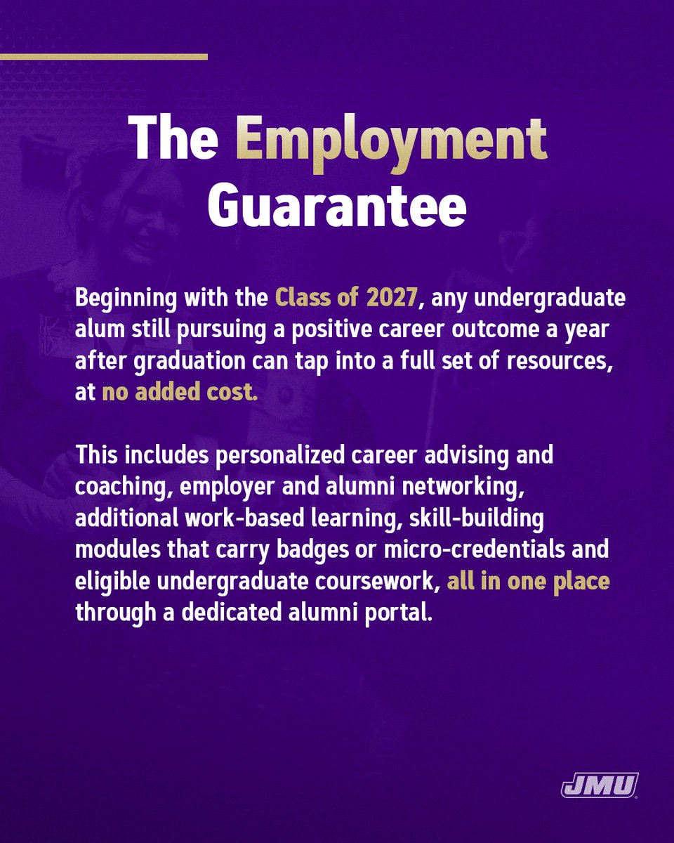 JMU's tweet photo. Starting with the Class of 2027, The JMU Guarantees show that JMU is the university that stands behind every Duke. https://t.co/pRu36Jqcg0