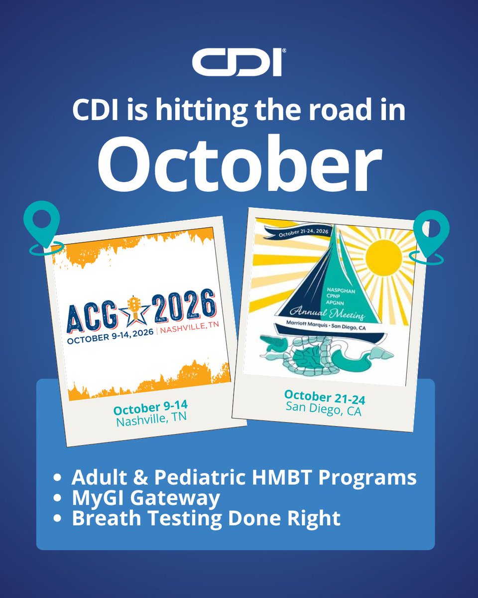CommonwealthDX's tweet photo. CDI is on the road in October.

We’ll be at ACG (adult HMBT programs, MyGI Gateway, “is your model actually working?”) and NASPGHAN (peds HMBT for SIBO/IMO + carb malabsorption).

If you’re attending, let’s talk about how your breath testing program is really performing.

#ACG #NASPGHAN #BreathTesting #GIcommunity #GItwitter #CDI